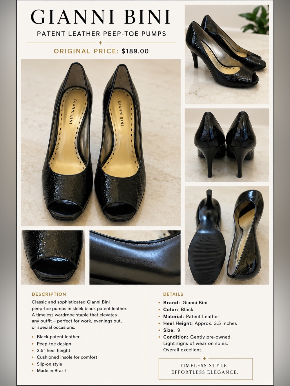 Gianni Bini Black Patent Leather Peep Toe Pumps Heels Size 9